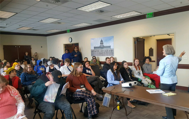 Representative Elizabeth Weight (D) addresses youth advocates at Youth Day on the Hill