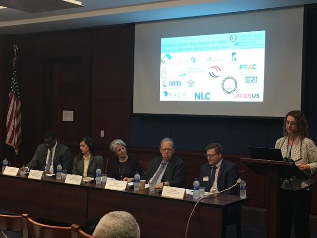 Panelists (from left to right): Angelo McClain, CEO of the National Association of Social Workers; Allison Bovell-Ammon, deputy director of policy strategy at Children's HealthWatch; Mary Kusler, senior director of the Center for Advocacy at the National Education Association; Jim Weill, president of the Food Research & Action Center; Mike Wallace, director of community and economic development at the National League of Cities; and Diane Yentel, NLIHC president and CEO